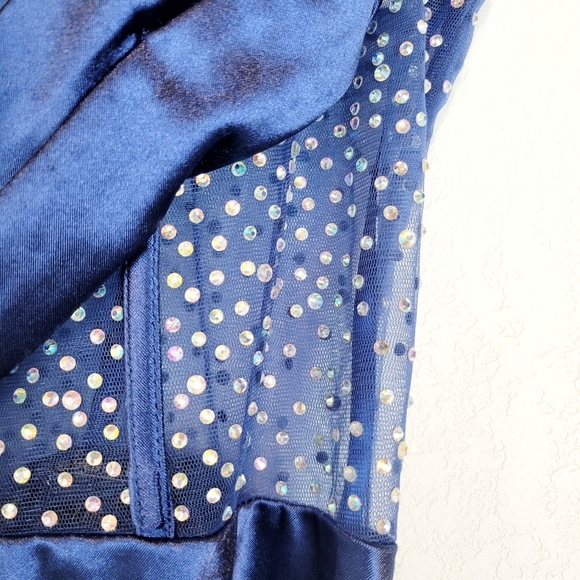 NWT TLC Say Yes Juniors Pleated Illusion Trim Rhinestone Corset Gown in Navy - Picture 9 of 13